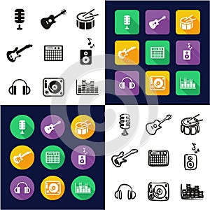 Music Studio All in One Icons Black & White Color Flat Design Freehand Set