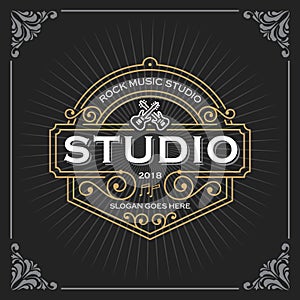 Music studio logo. Vintage Luxury Banner Template Design for Label, Frame, Product Tags. Retro Emblem Design