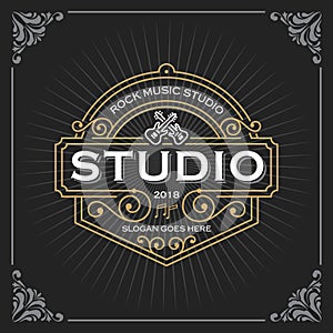 Music studio logo. Vintage Luxury Banner Template Design for Label, Frame, Product Tags. Retro Emblem Design photo