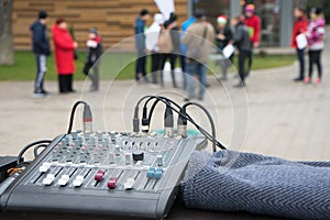 Music studio, music mixer board. Music mixer control panel. Closeup