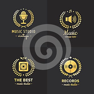 Music studio and radio gold logo vintage vector set. Part four.