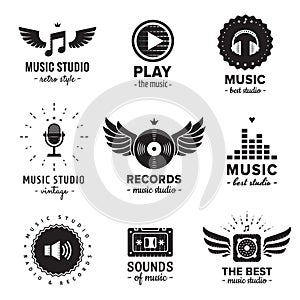 Music studio and radio logos vintage vector set. Hipster and retro style.