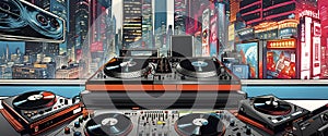 Music studio, turntables and loudspeakers with technical equipment in front of a big city skyline - ai generated