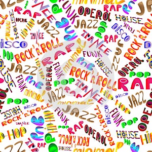 Music styles and genres on a white background. Seamless pattern of musical titles.