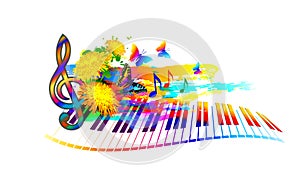 Music summer festival background with piano keyboard, flowers, music notes and butterfly