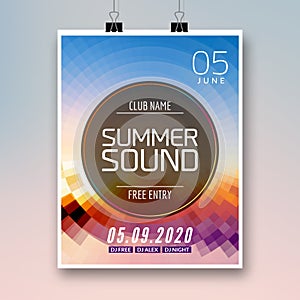 Music summer party poster graphic design. Disco dance flyer or poster template. Summer sound party event