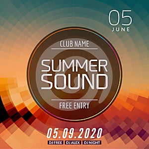 Music summer party poster graphic design. Disco dance flyer or poster template. Summer sound party event