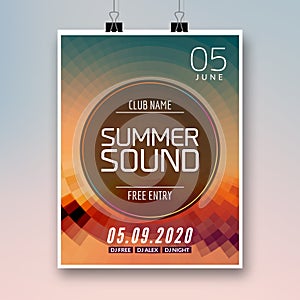 Music summer party poster graphic design. Disco dance flyer or poster template. Summer sound party event