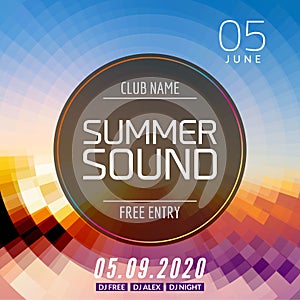 Music summer party poster graphic design. Disco dance flyer or poster template. Summer sound party event