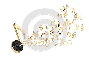 Music symbols and speakers isolated on white background. 3D illustration