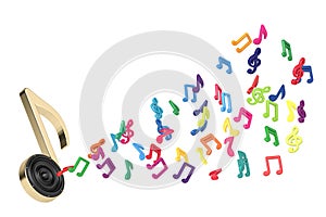 Music symbols and speakers isolated on white background. 3D illustration