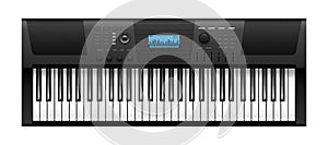 Music synthesizer. Realistic electric piano keyboards, top view. Electronic musical instrument