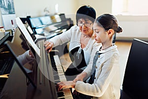 Music teacher with the pupil at lesson piano