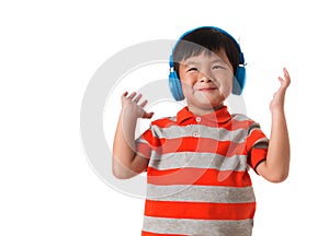 Music and technology concept.Asian little boy with headphone.Isolated