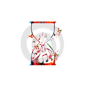 Music template vector illustration, colorful music notes inside hourglass, musical symbols and marks background. Music poster, bro