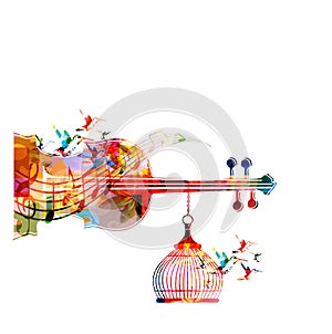 Music template vector illustration, colorful viloncello, creative music instrument background with music notes. Musical symbols fo