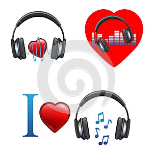 Music themed promo emblems with headphones and hearts