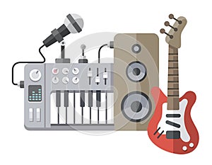 Music tools in flat style: guitar, synthesizer, microphone, speaker