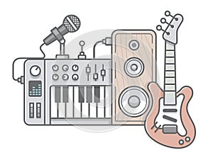 Music tools in wireframe style: guitar, synthesizer, microphone, speaker