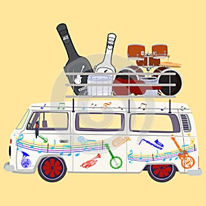 Music tour bus vector flat illustration