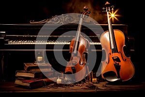 music trio instrument with grand piano, violin and cello decorated with candles and books with black Generative AI