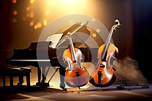 music trio instrument with grand piano, violin and cello on the stage with bogeh effect Generative AI