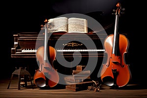 music trio instrument with piano vintage style, violin and cello decorated with books with black Generative AI