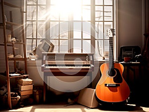 music trio instrument with retro style piano and guitar in the room with window view day time Generative AI
