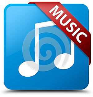 Music (tune icon) cyan blue square button red ribbon in corner