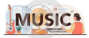 Music typographic header. Music artist playing instruments.