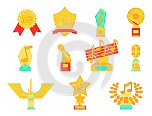 Music vector award statuette microphone and notes entertainment winner top artist achievement musicnote prize