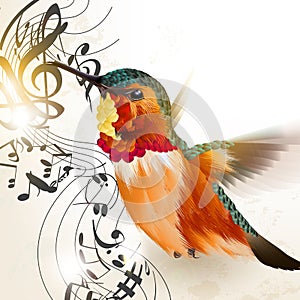 Music vector background with humming bird and notes