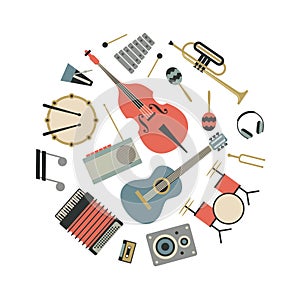 Music, vector flat illustration of musical instruments, icon set