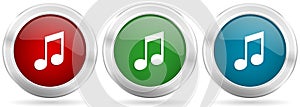 Music vector icon set. Red, blue and green silver metallic web buttons with chrome border