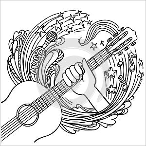 Music vector illustration. Cartoon hand drawn doodle music illustration with hand musician hold acoustic guitar.