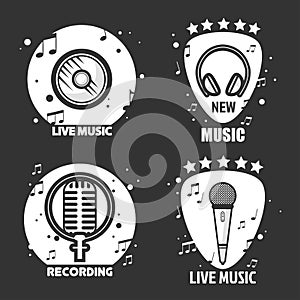 Music vector labels headphone, microphone and loudspeaker for recording company