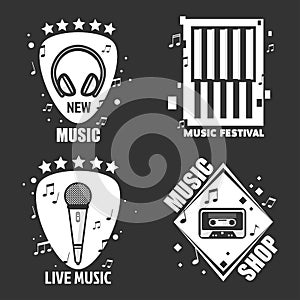 Music vector labels headphones, microphone for recording company festival