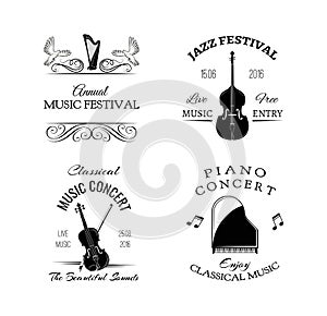 Music vintage retro label. Violin, harp, piano. Festival and concert badges. Vector Illustration On White