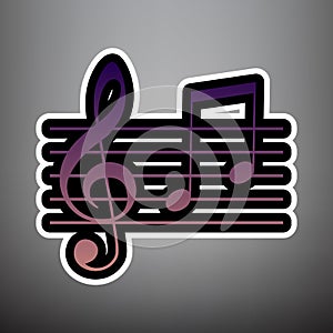 Music violin clef sign. G-clef and notes G, H. Vector. Violet gr