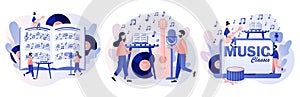 Music and vocal lessons. Online education. Tiny musicians with music notebook, microphone, guitar, keyboard, drum