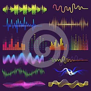 Music waves of sound on radio vector audio sounding waveform and wavelength of soundtrack and waved voice with soundwave