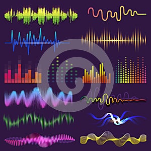 Music waves of sound on radio vector audio sounding waveform and wavelength of soundtrack and waved voice with soundwave photo