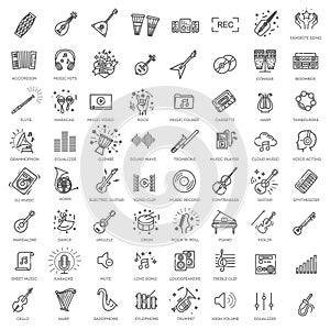 Music web icon set - outline icon set, vector, thin line icons collection