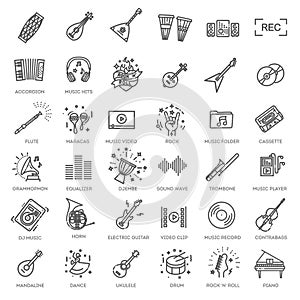 Music web icon set - outline icon set, vector, thin line icons collection