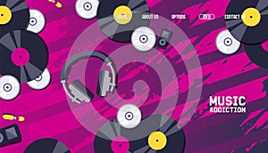 Music website design, vinyl record discs and headphones on abstract background, vector illustration