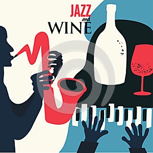 Music and wine colorful background flat vector illustration. Party flyer, jazz music club, wine tasting event, wine festival and c