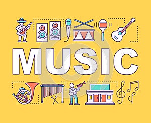 Music word concepts banner. Acoustic, jazz, folk concert. Organization of festival. Presentation, website. Isolated