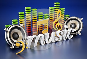 Music word, speakers, music notes and equalizer. 3D illustration