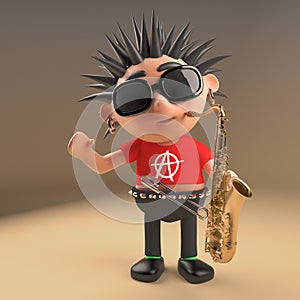 Musical 3d punk rocker with spikey hair playing a saxophone, 3d illustration