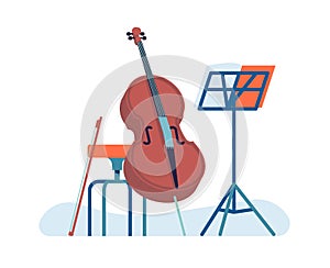 Musical acoustic instrument. Learning to play cello. Music stand and chair. Orchestra performance. Jazz band. Musician